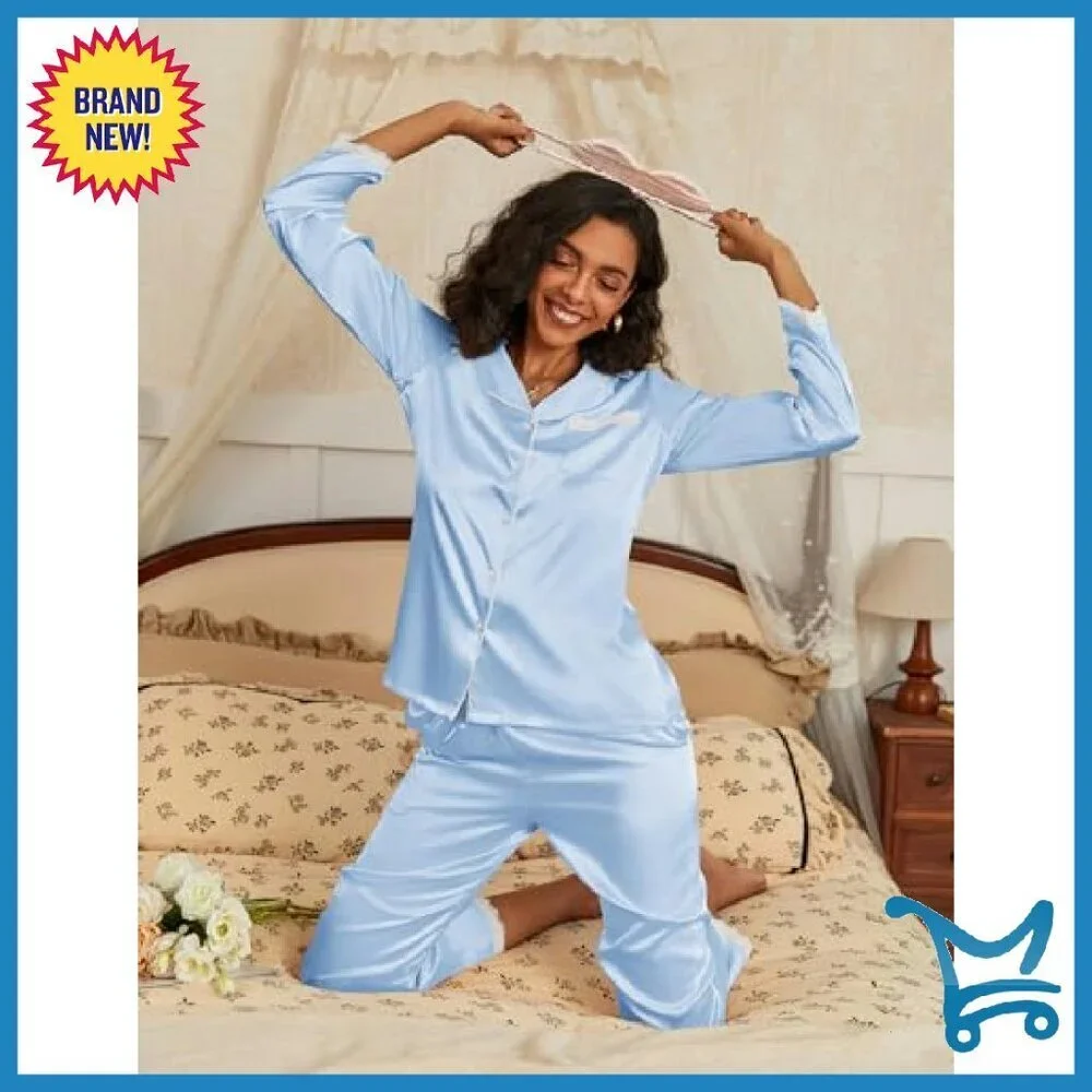 Satin Pajama Set Long Sleeve Button Down Lace Trim Sleepwear Lounge